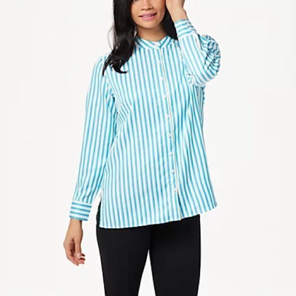 Linea by Louis Dell'Olio Stand Collar Striped With Back Box Pleat Shirt